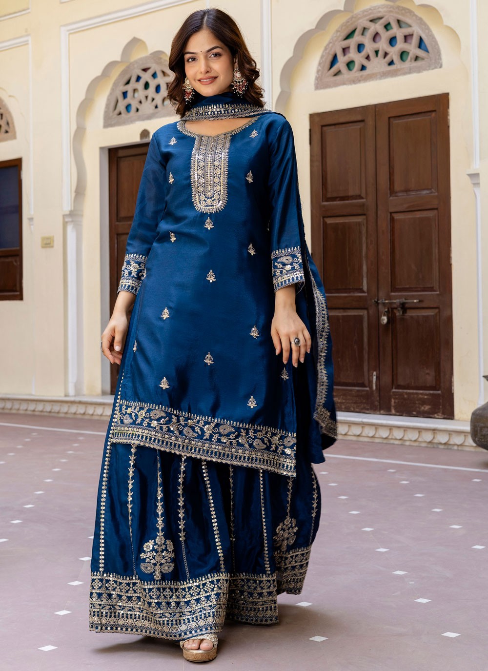 Palazzo Suit Embroidered Navy Blue T8504