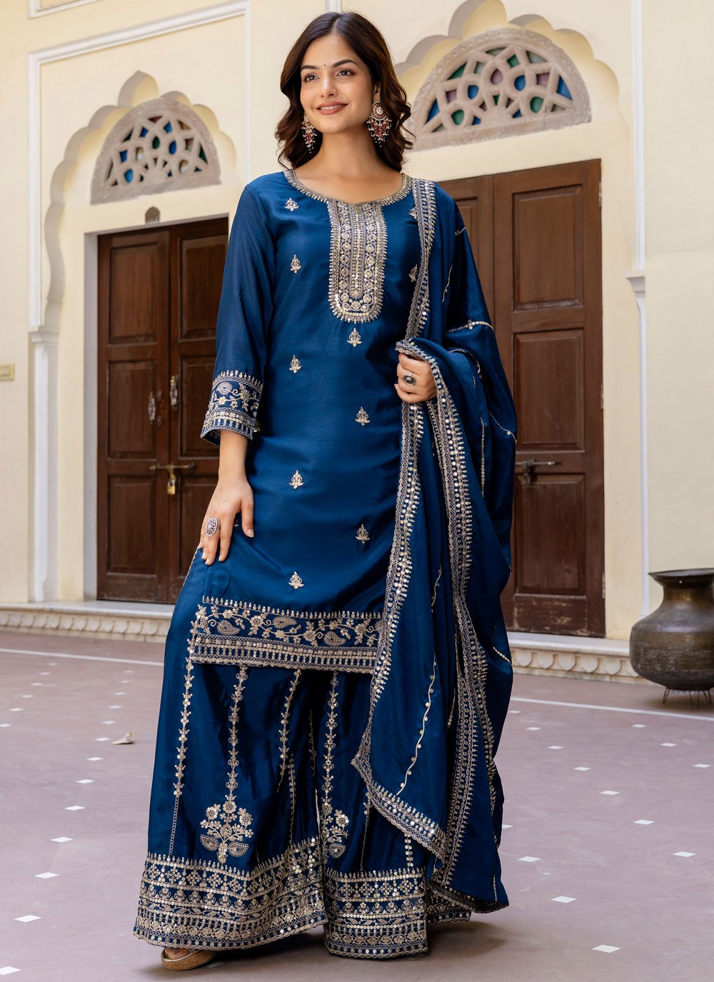 Palazzo Suit Embroidered Navy Blue T8504
