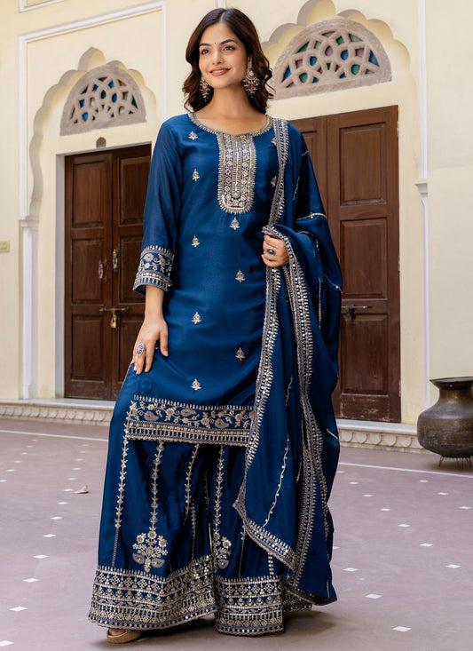 Palazzo Suit Embroidered Navy Blue T8504