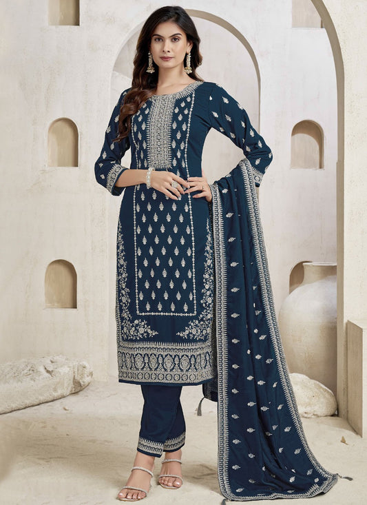 Pant Style Suit Embroidered, Thread Navy Blue T7610