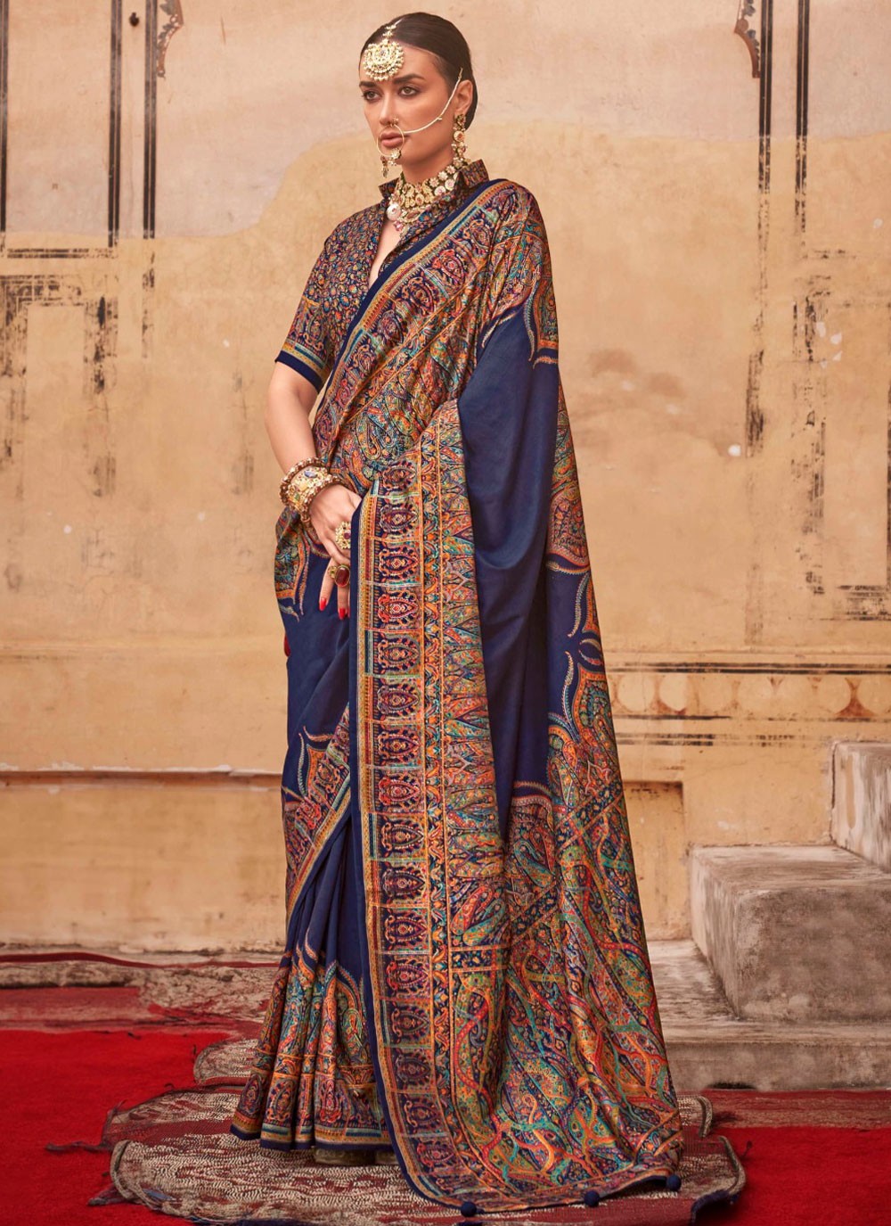 Paisley Printed Silk Navy Blue Saree S13963