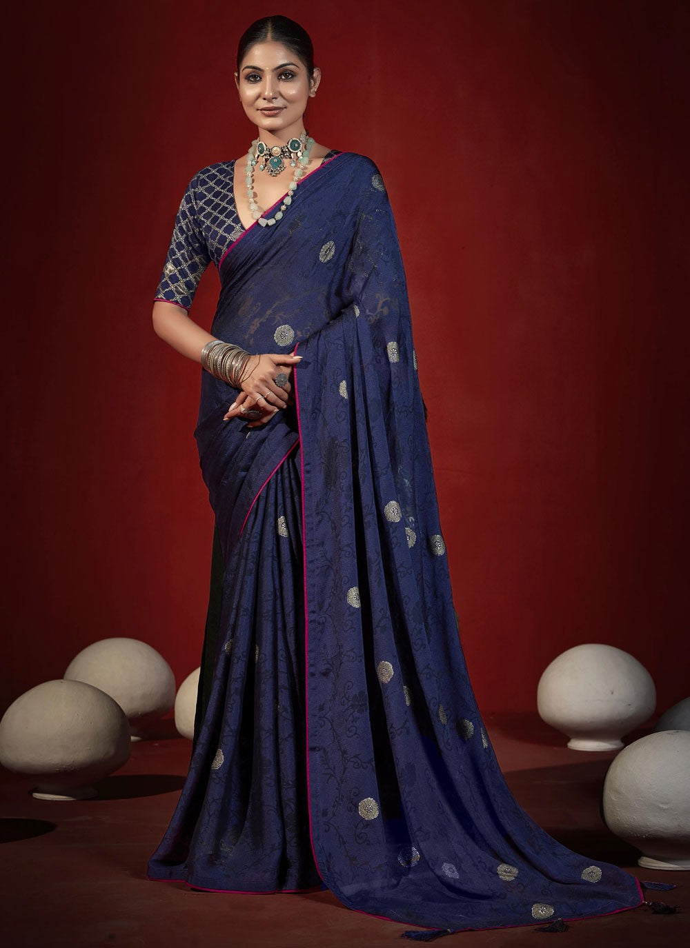 Navy Blue Silk Traditional Saree Zari S19010