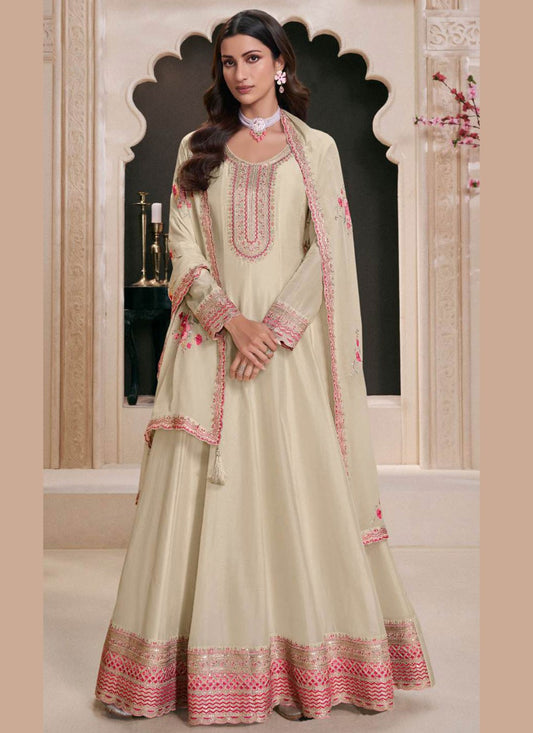 Salwar Suit Embroidered Off White Silk T5552