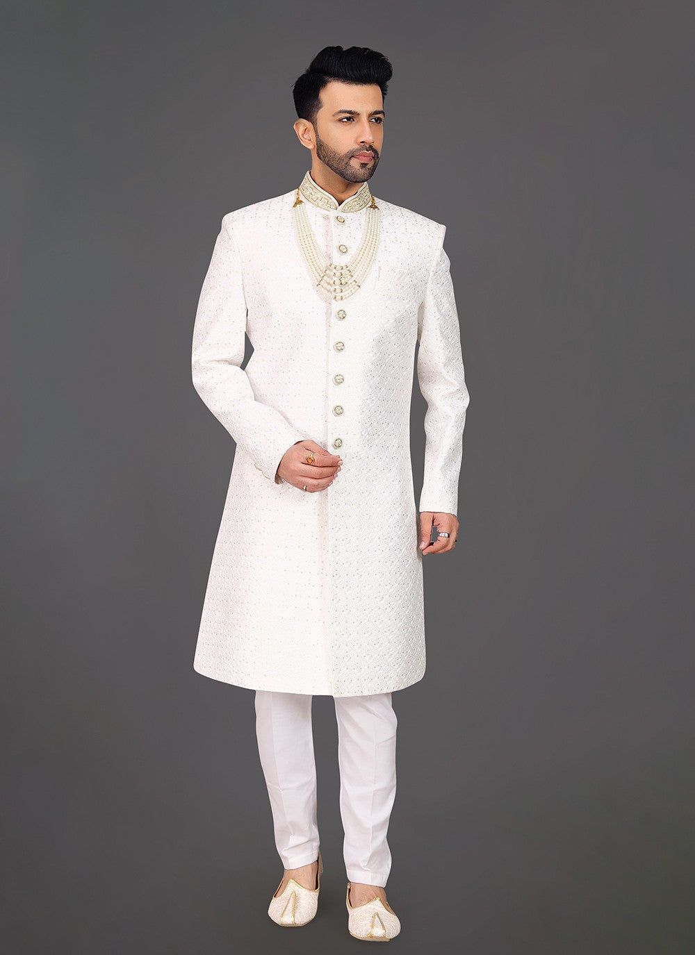 Embroidered Silk Off White Sherwani - M7993