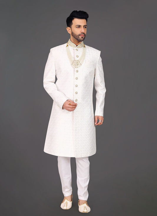 Embroidered Silk Off White Sherwani - M7993