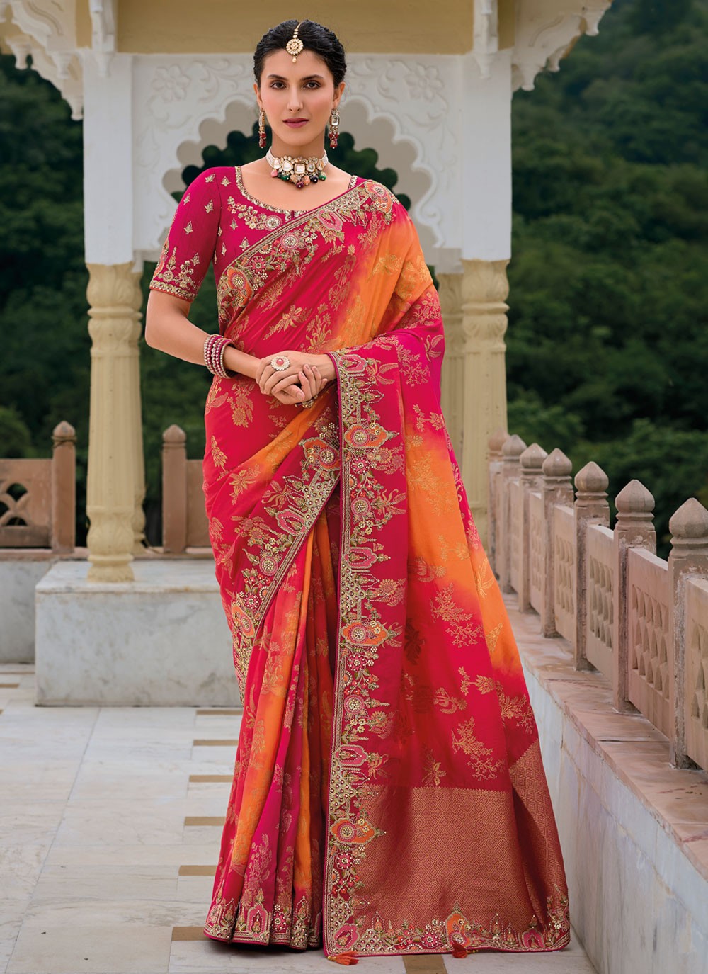 Embroidered Silk Hot Pink Saree S14419
