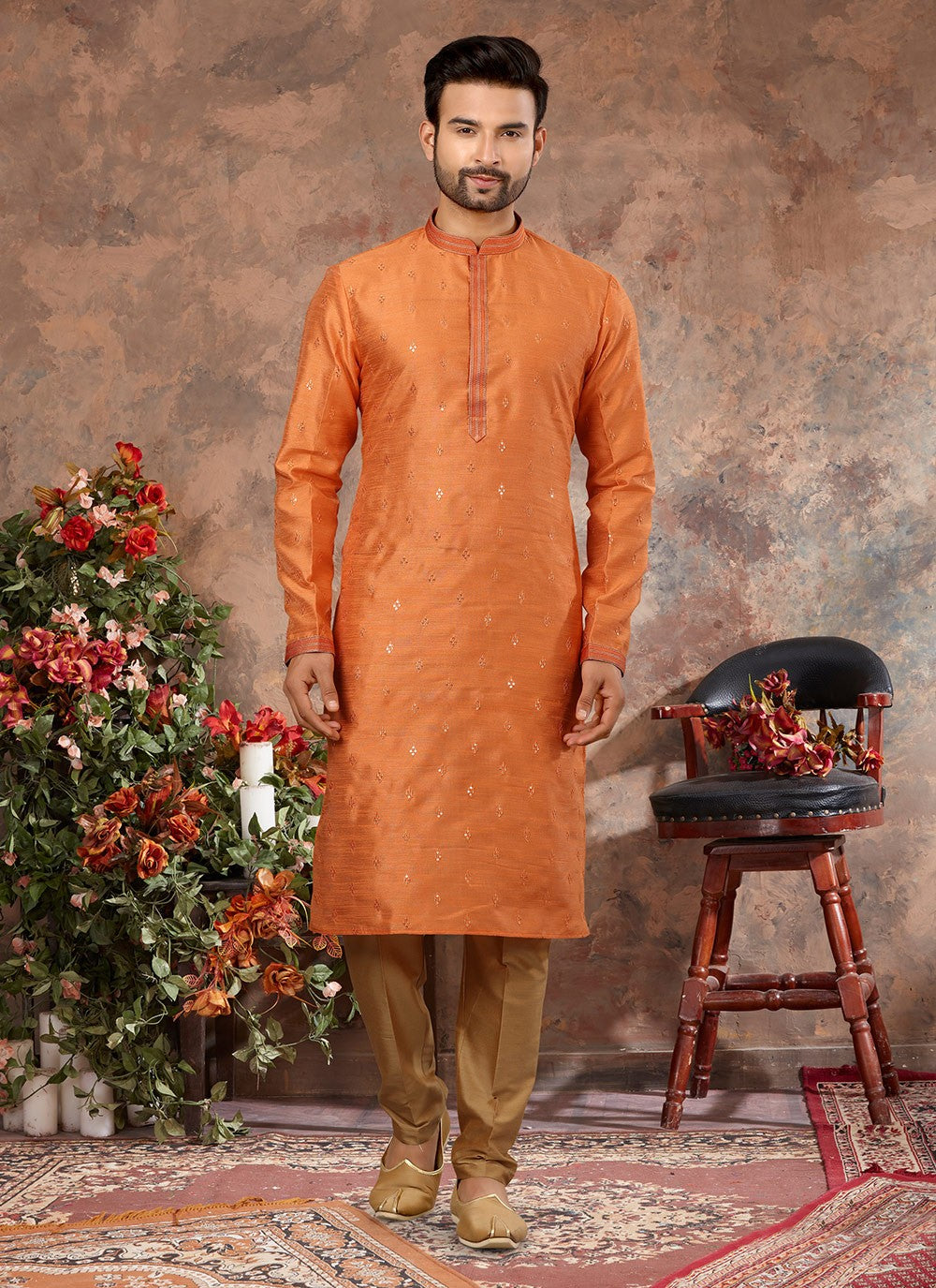 Fancy Work Silk Orange Kurta - M5638