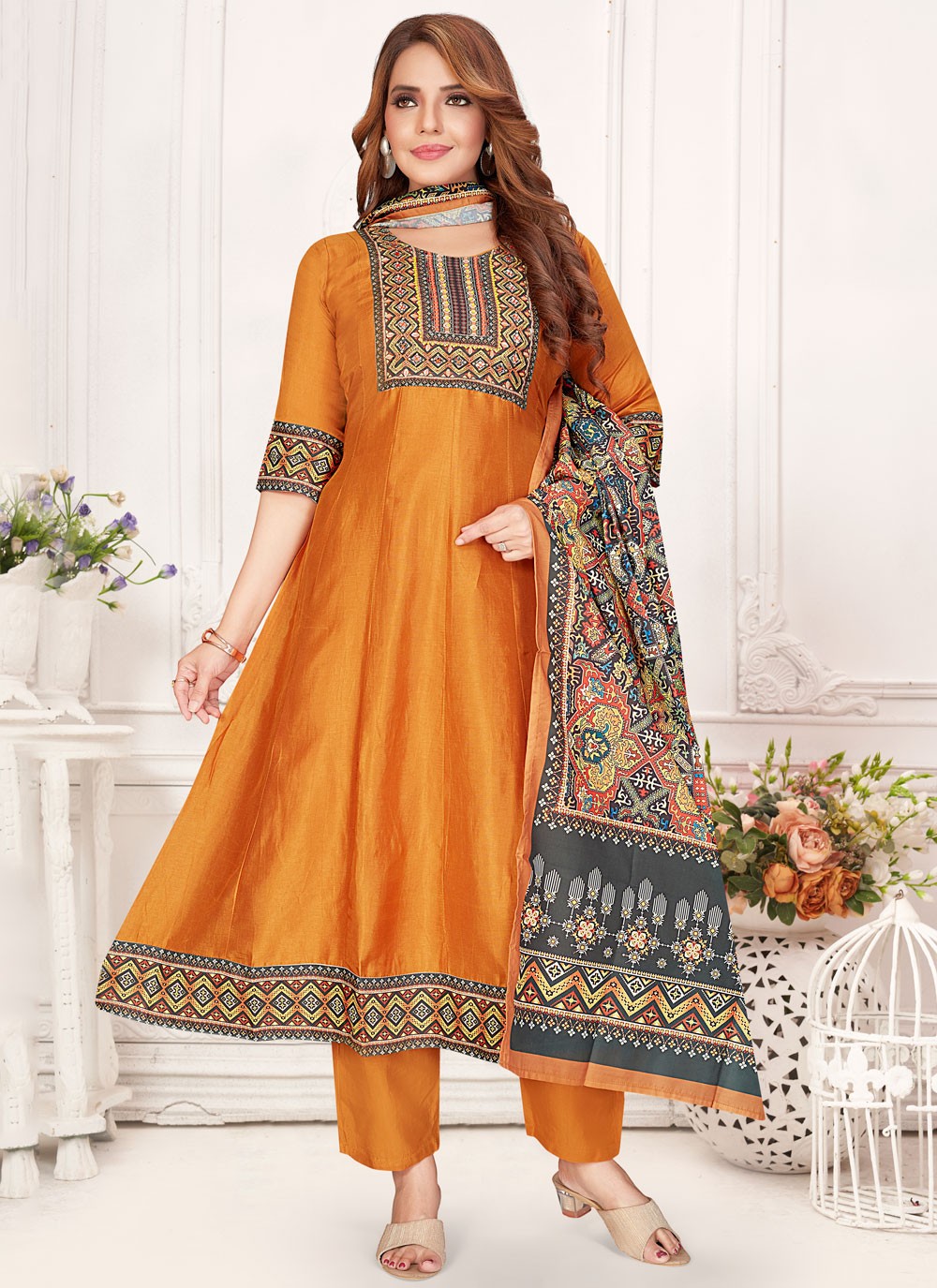 Salwar Suit Printed Orange Silk T5720