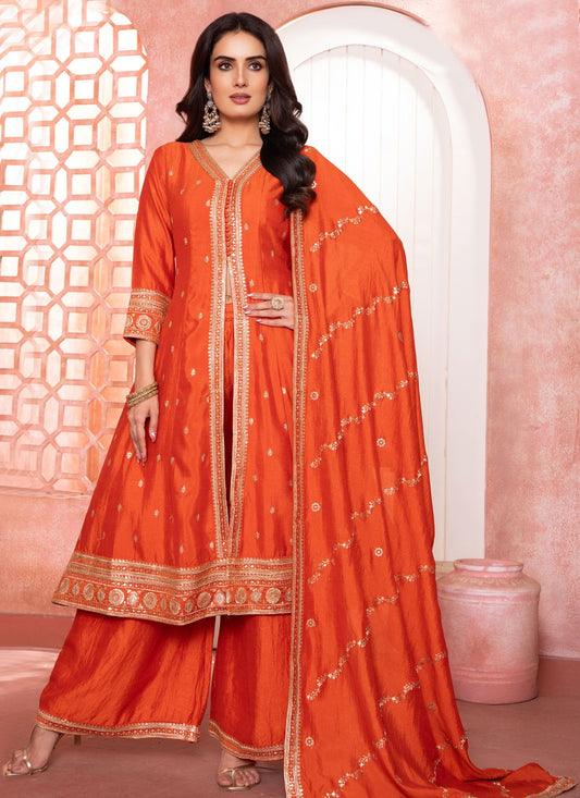 Palazzo Suit Embroidered, Sequins, Zari Orange T8087
