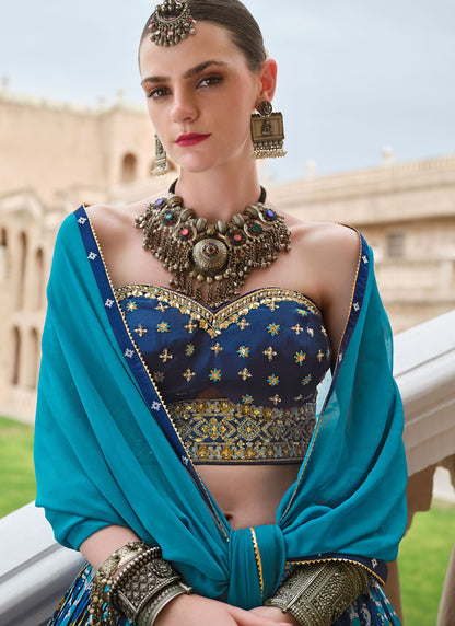 Foliage Prints Silk Blue Lehenga - L3257