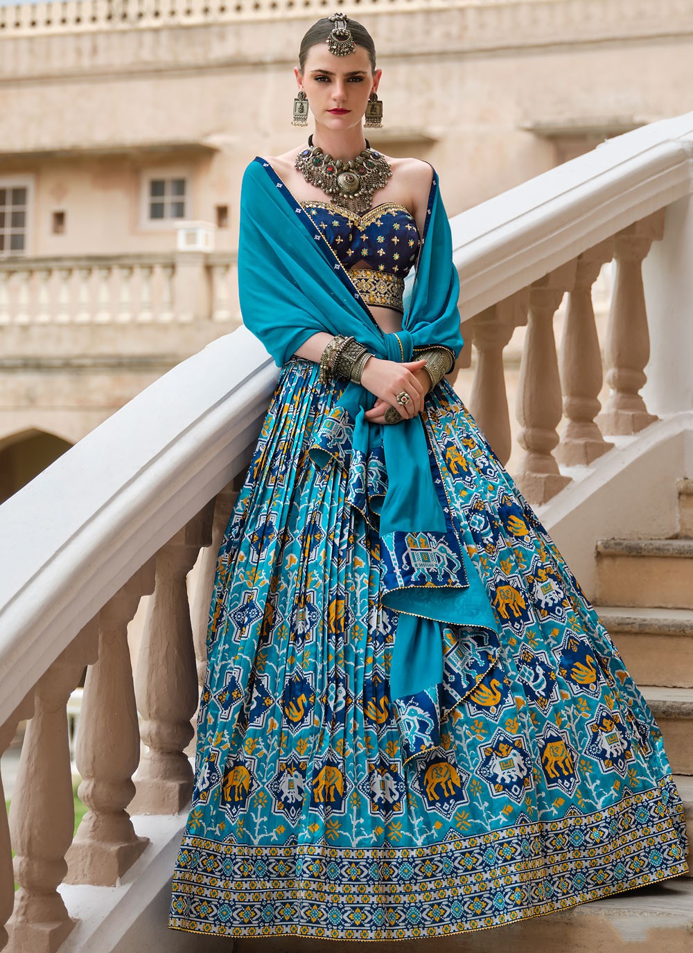 Foliage Prints Silk Blue Lehenga - L3257