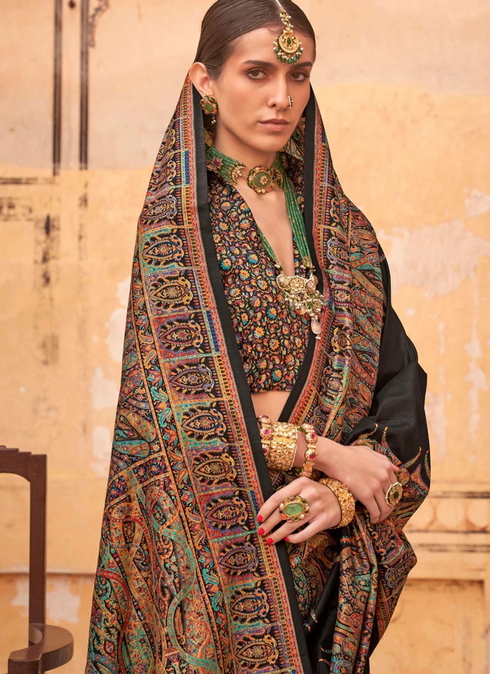 Paisley Printed Silk Black Saree S14196