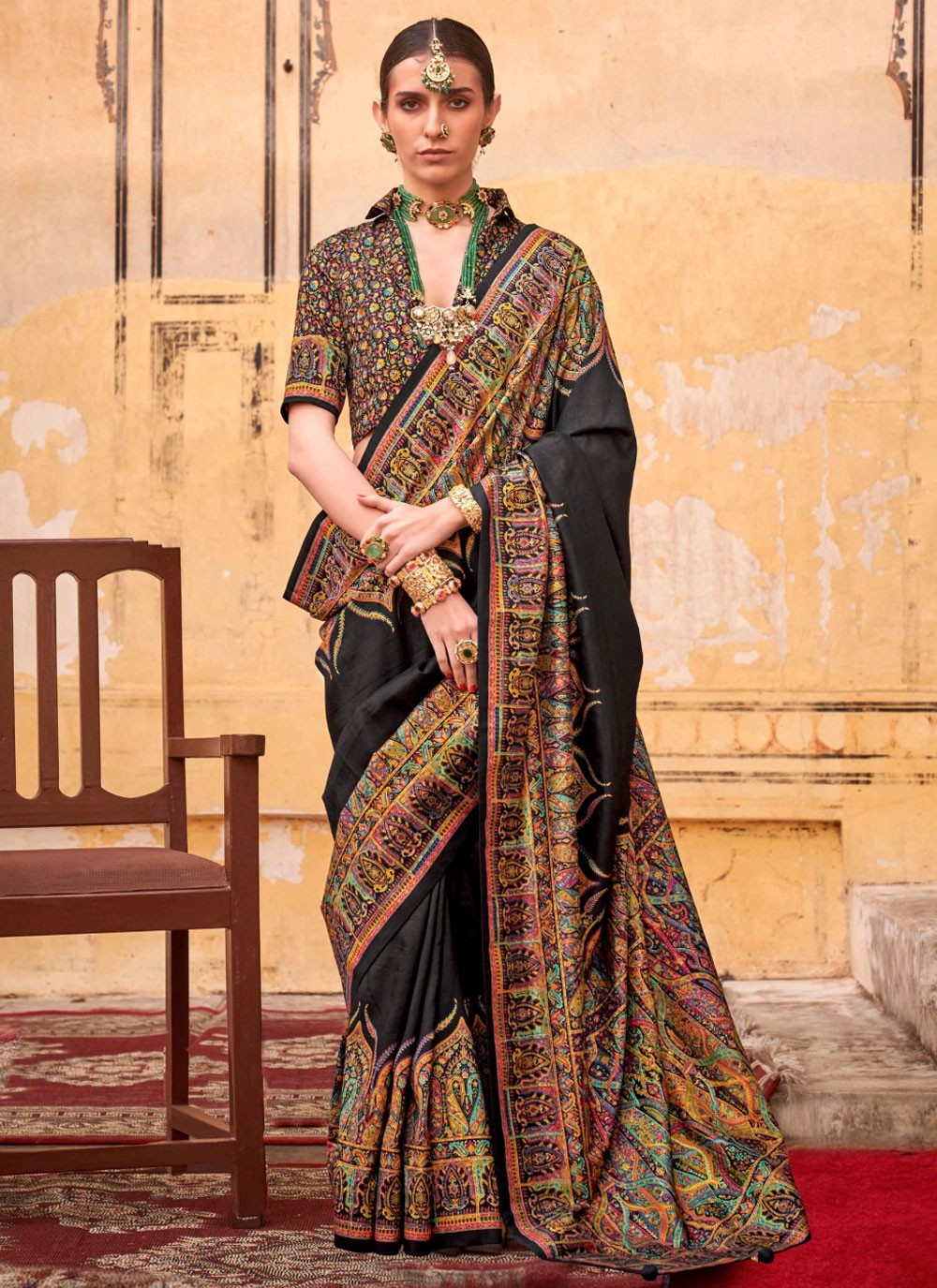 Paisley Printed Silk Black Saree S13960