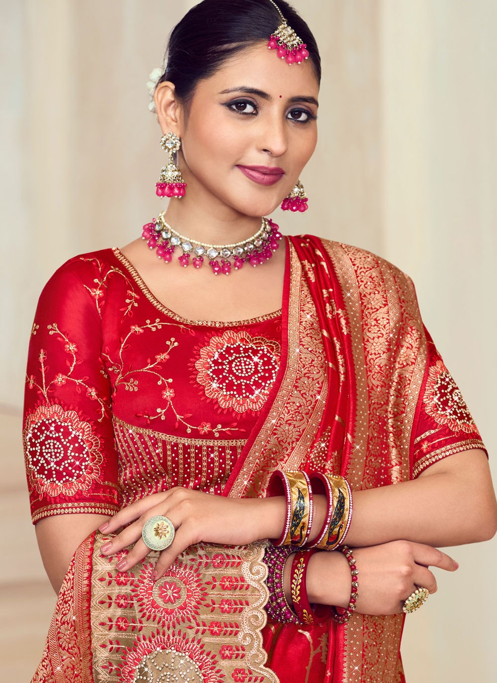 Contemporary Cut Work Red Silk S12725