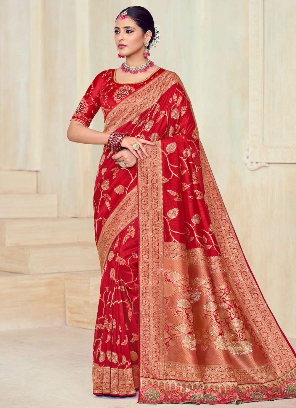 Contemporary Cut Work Red Silk S12725
