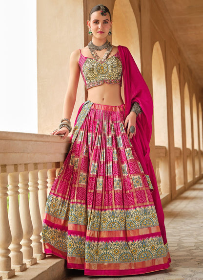 Foliage Prints Silk Hot Pink Lehenga - L3252