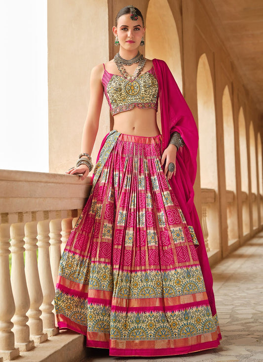 Foliage Prints Silk Hot Pink Lehenga - L3252