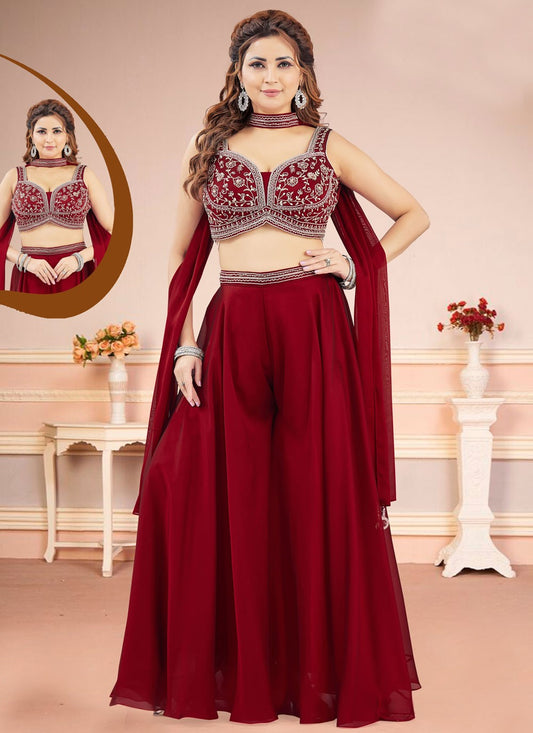 Palazzo Suit Embroidered Maroon Silk T5802