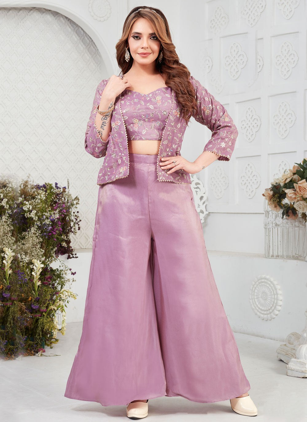 Palazzo Suit Embroidered Purple Silk T5878