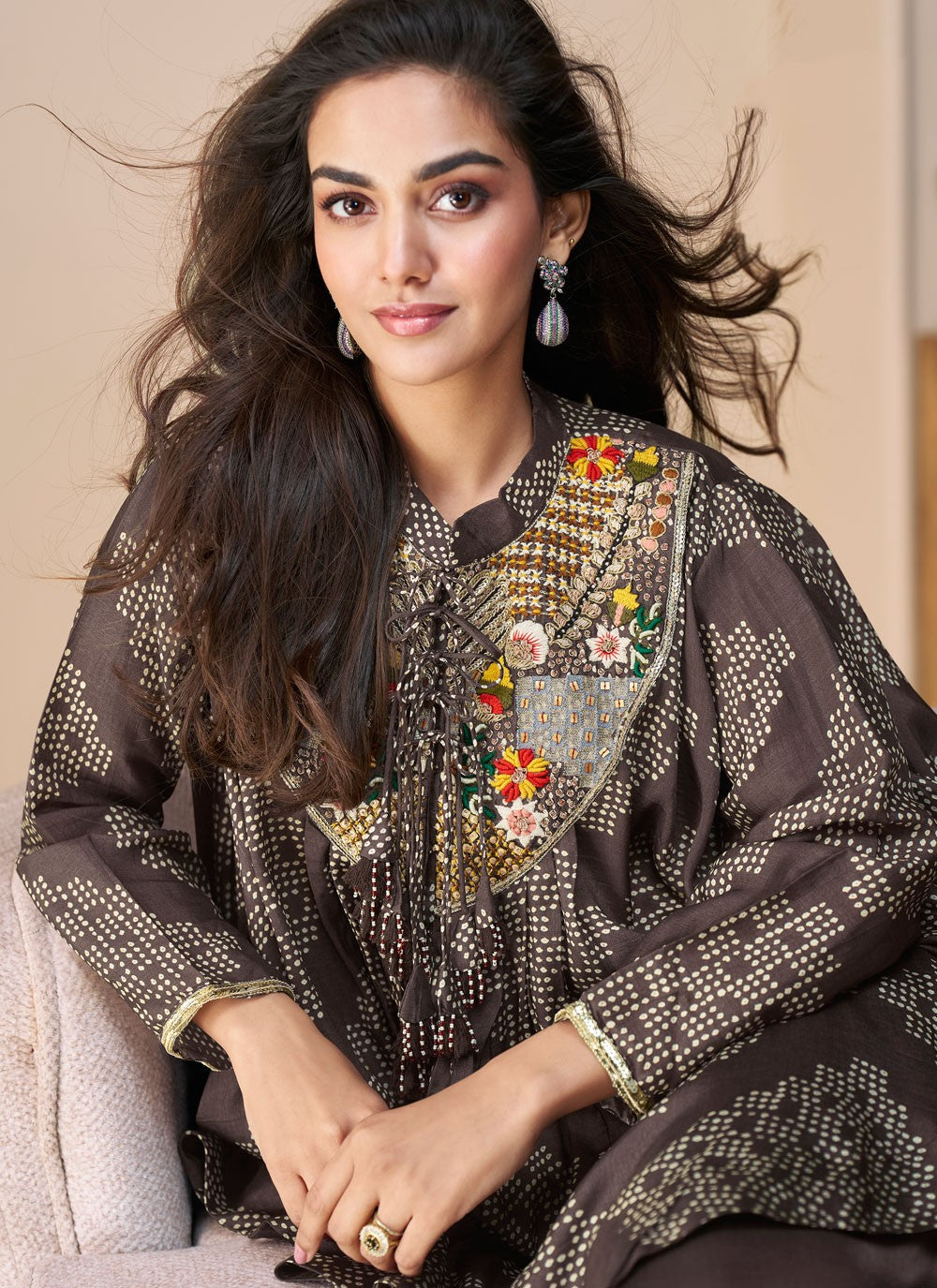 Palazzo Suit Embroidered Brown T7838