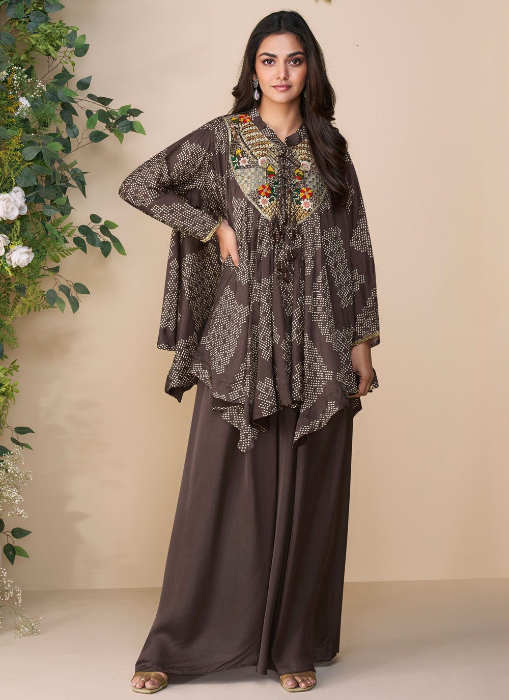 Palazzo Suit Embroidered Brown T7838