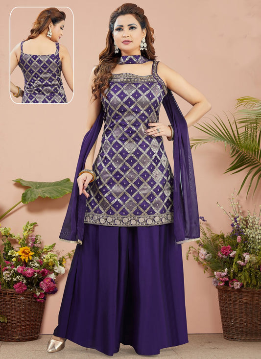 Palazzo Suit Weaving Zari Blue Silk T5255
