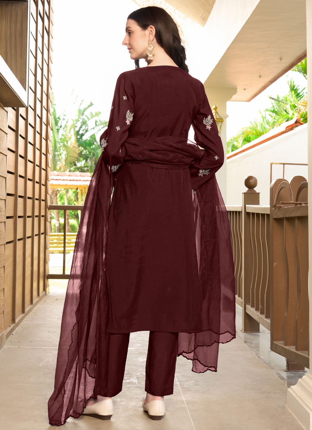 Pant Style Suit Embroidered Maroon Silk T5337