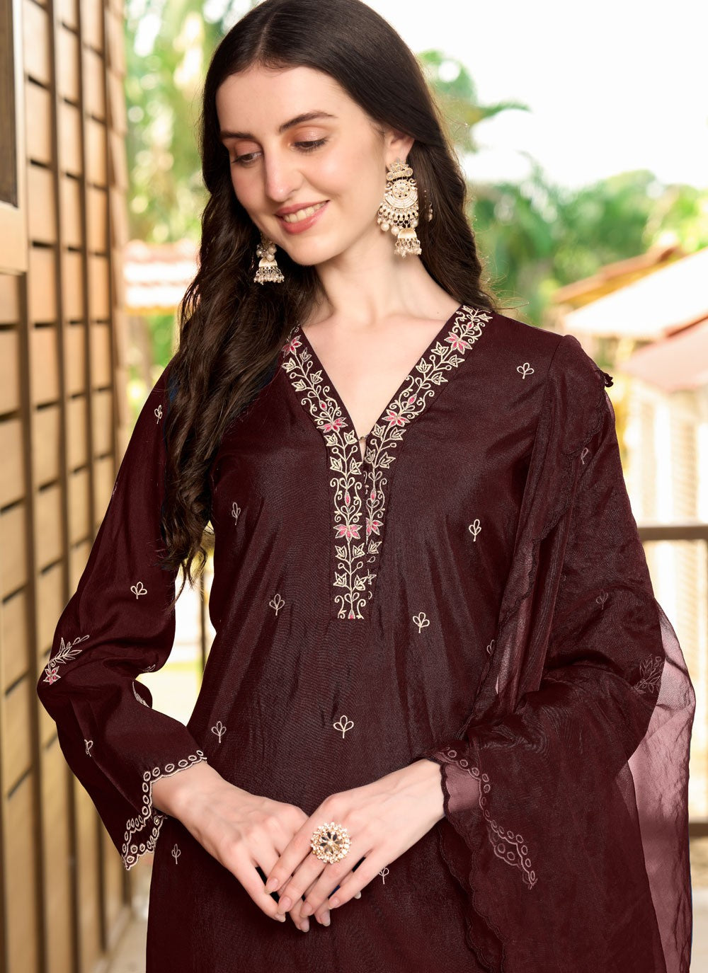 Pant Style Suit Embroidered Maroon Silk T5337
