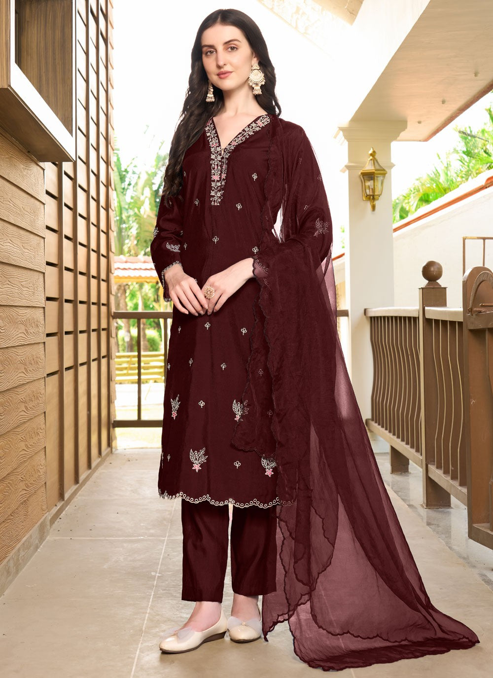 Pant Style Suit Embroidered Maroon Silk T5337