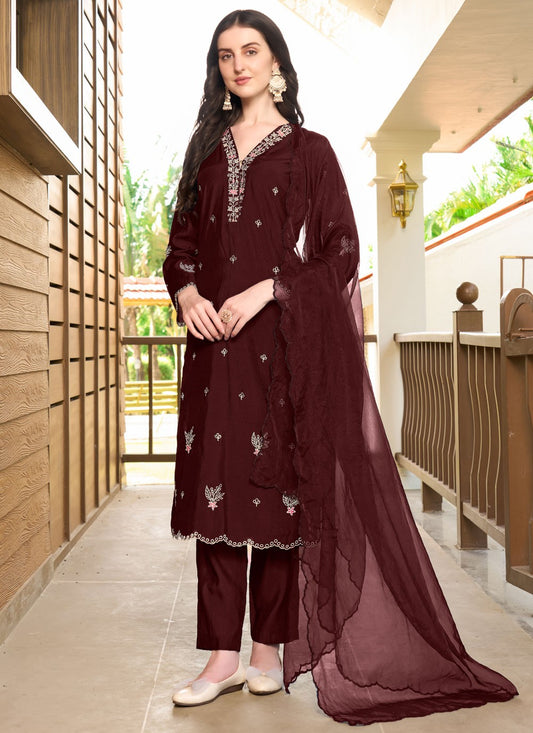 Pant Style Suit Embroidered Maroon Silk T5337