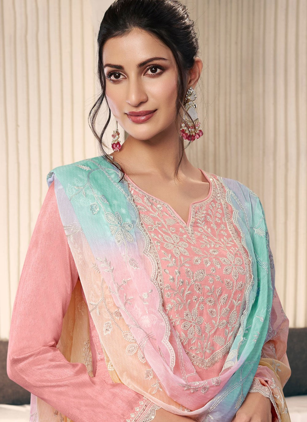 Pant Style Suit Embroidered, Thread Pink T7201