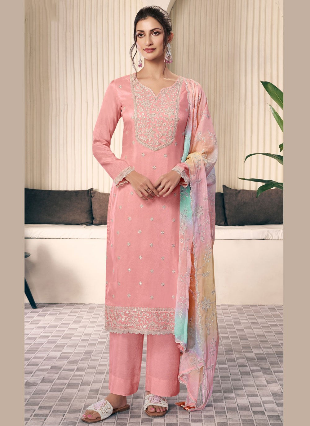 Pant Style Suit Embroidered, Thread Pink T7201