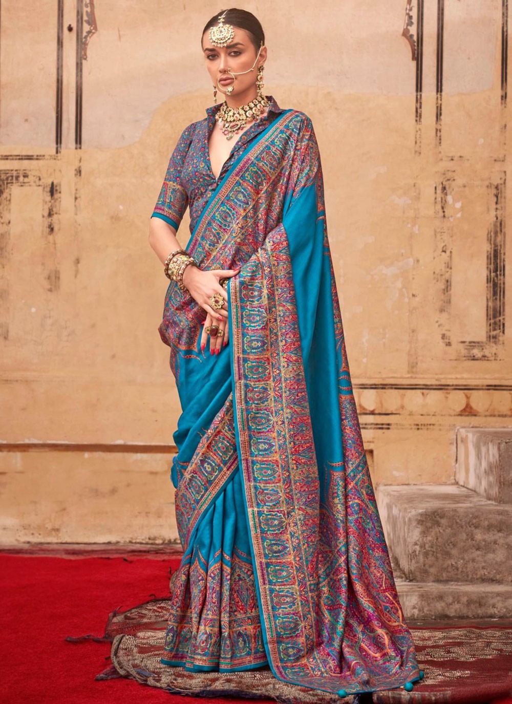 Paisley Printed Silk Blue Saree S13965