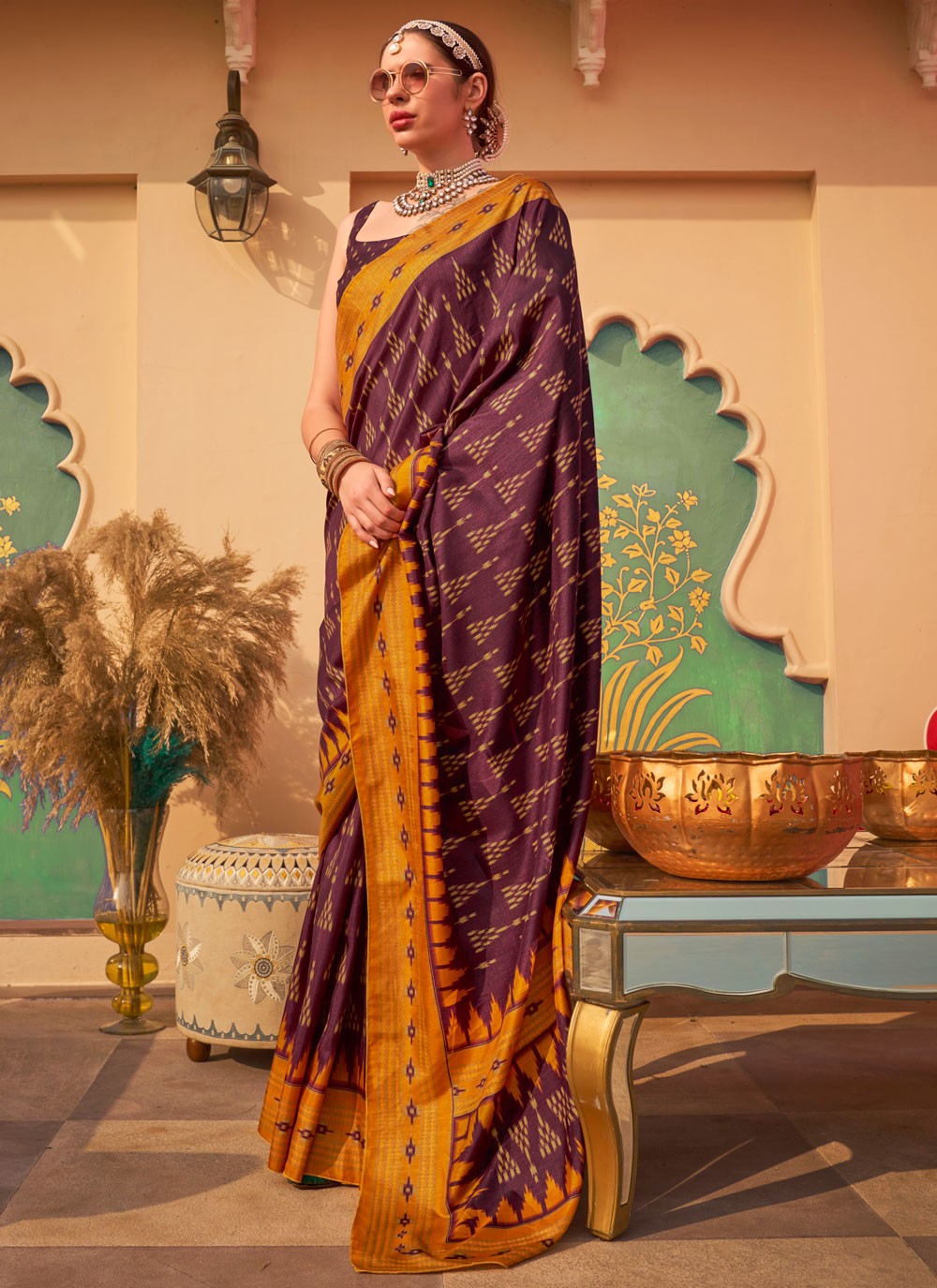 Designer Printed Burgundy Silk Saree S12419