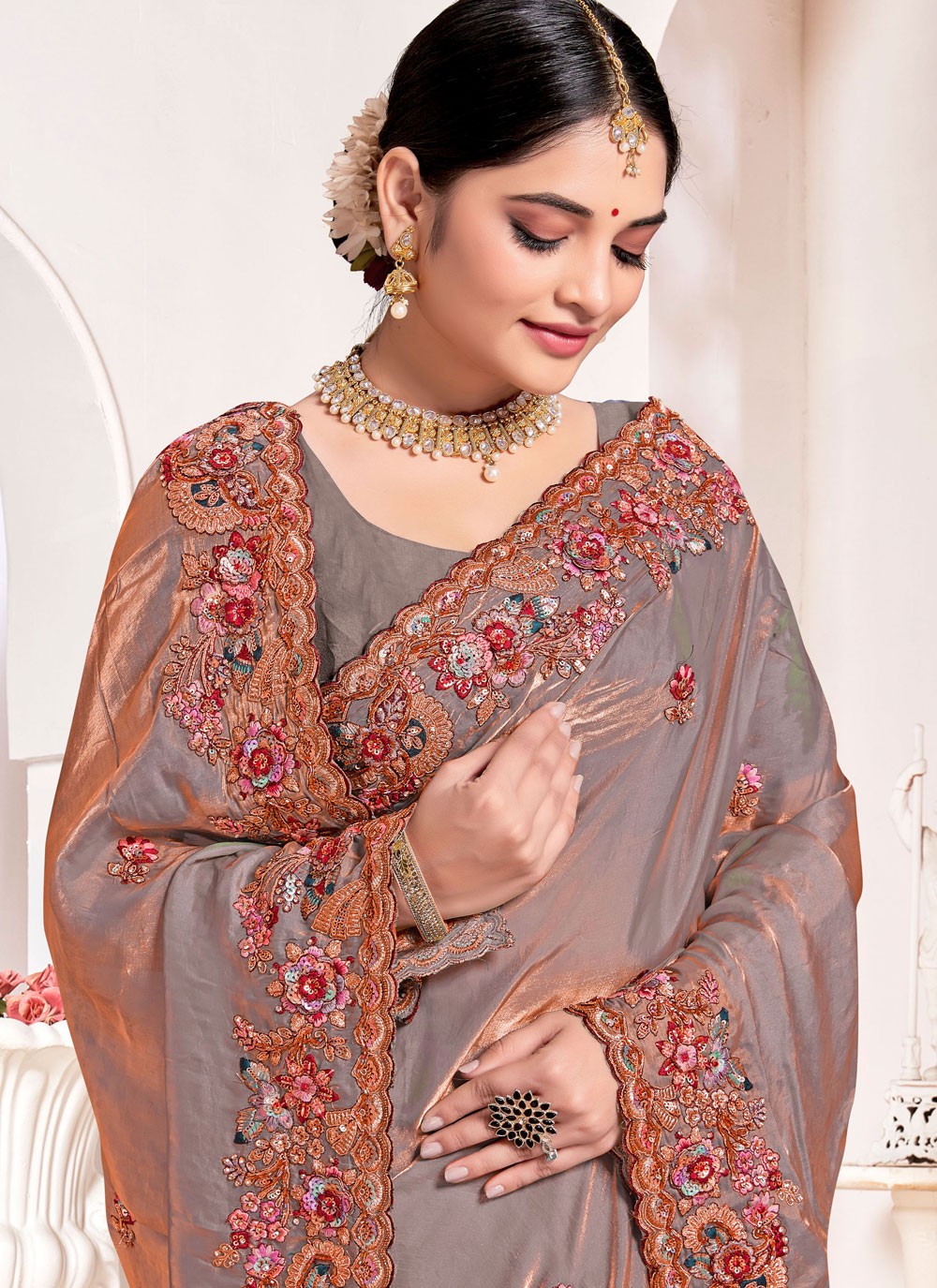 Traditional Beads Grey Silk Saree S13076