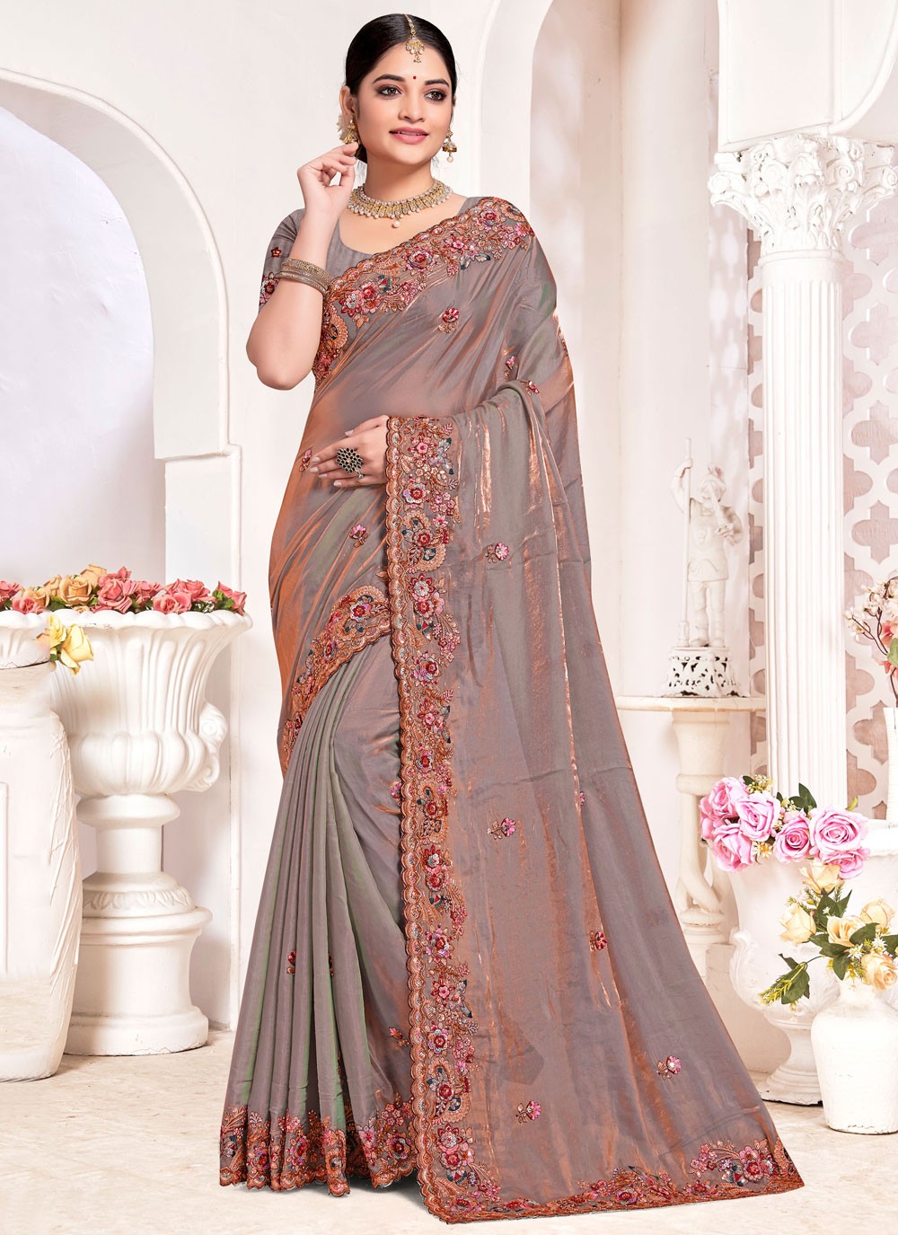 Traditional Beads Grey Silk Saree S13076