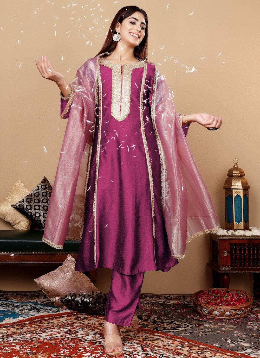 Salwar Suit Patch Border Purple Silk T5287