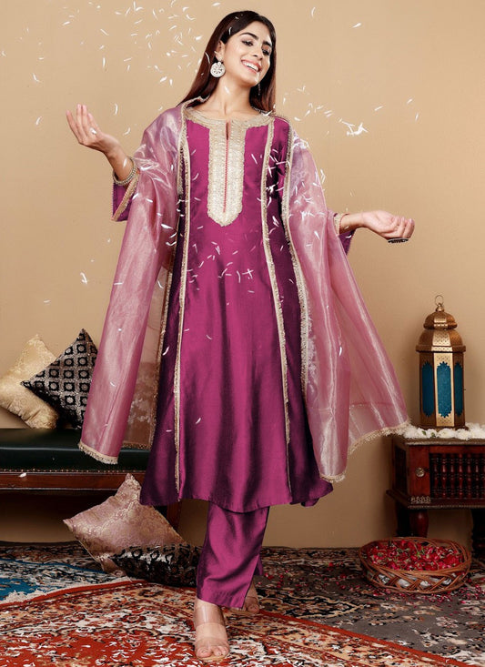 Salwar Suit Patch Border Purple Silk T5287