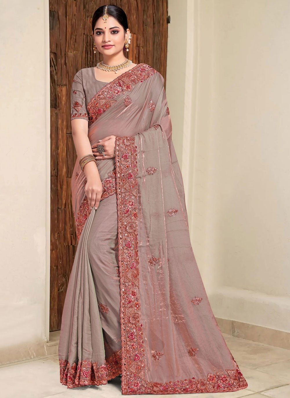 Traditional Saree Beads Grey Silk Saree S13091