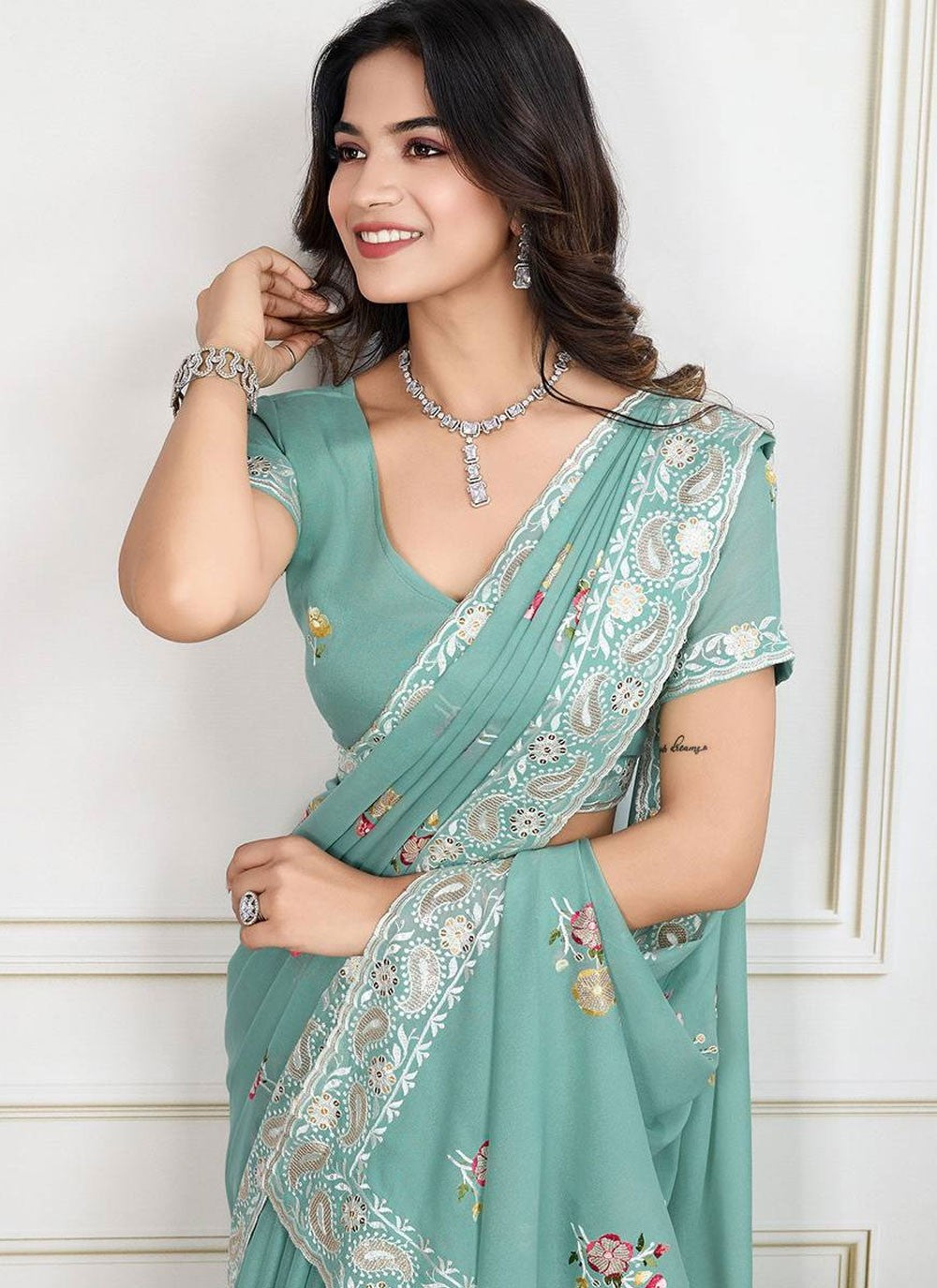 Border Work Georgette Aqua Blue Saree S14232