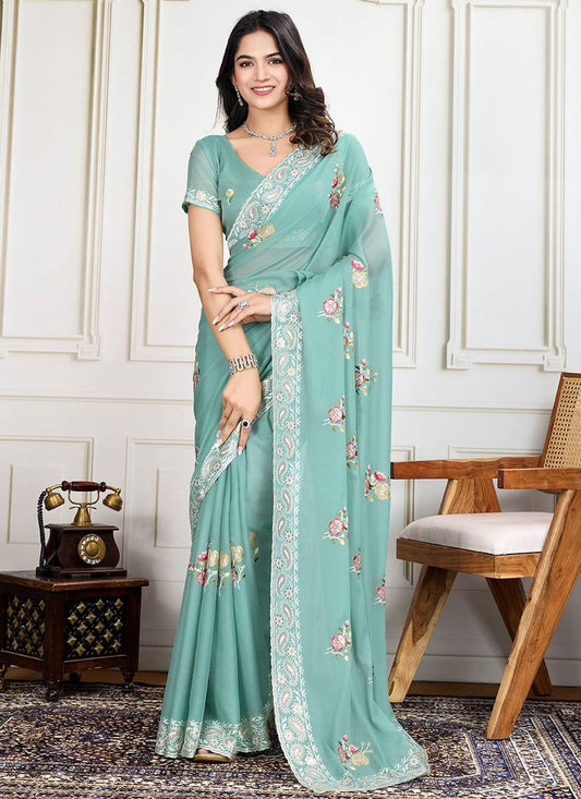Border Work Georgette Aqua Blue Saree S14232