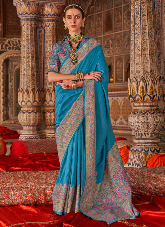 Aqua Blue Silk Traditional Saree Printed S20302