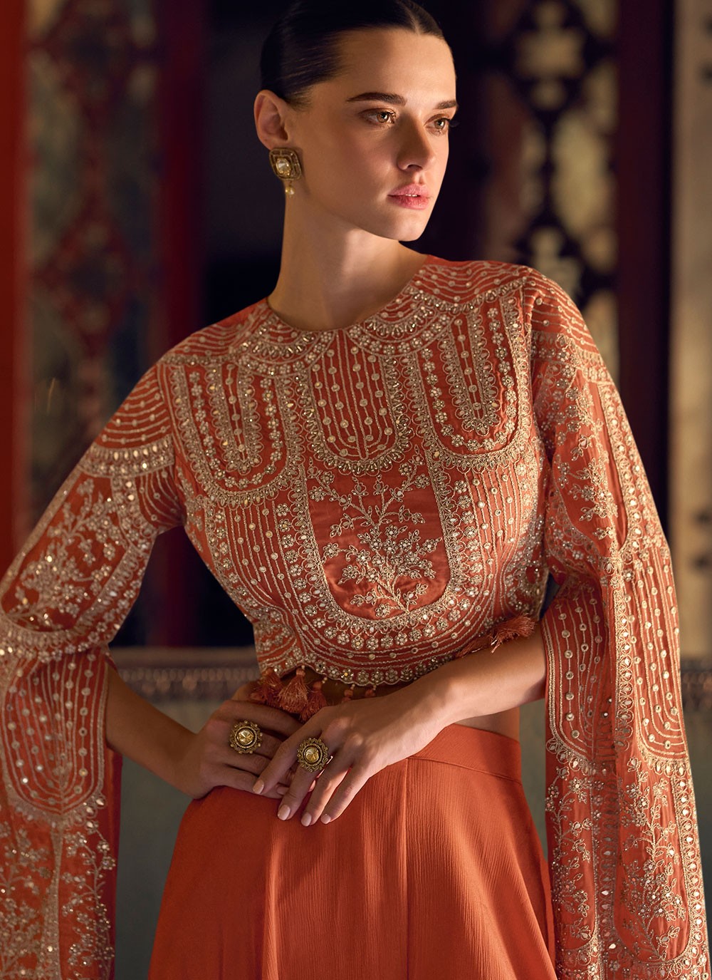 Salwar Suit Embroidered Peach, Rust Chinon T5478