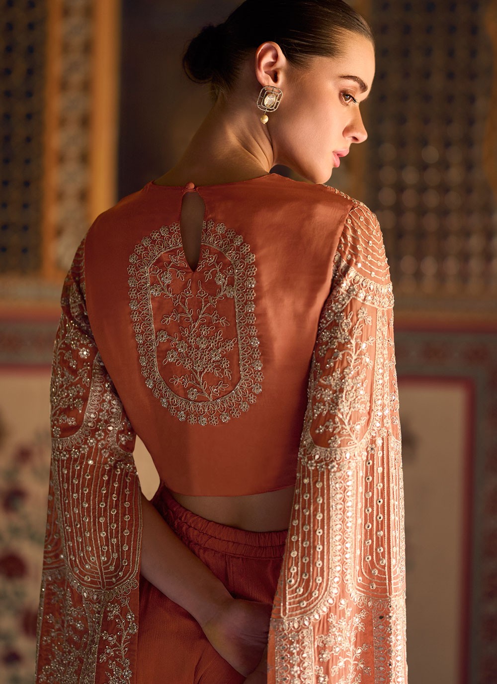 Salwar Suit Embroidered Peach, Rust Chinon T5478