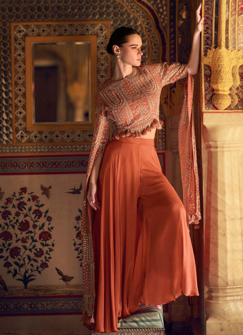 Salwar Suit Embroidered Peach, Rust Chinon T5478