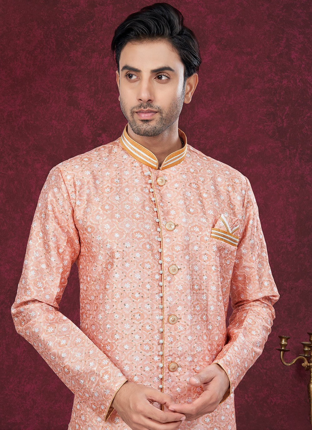 Buttons Silk Peach Indo Western Sherwani - M8607