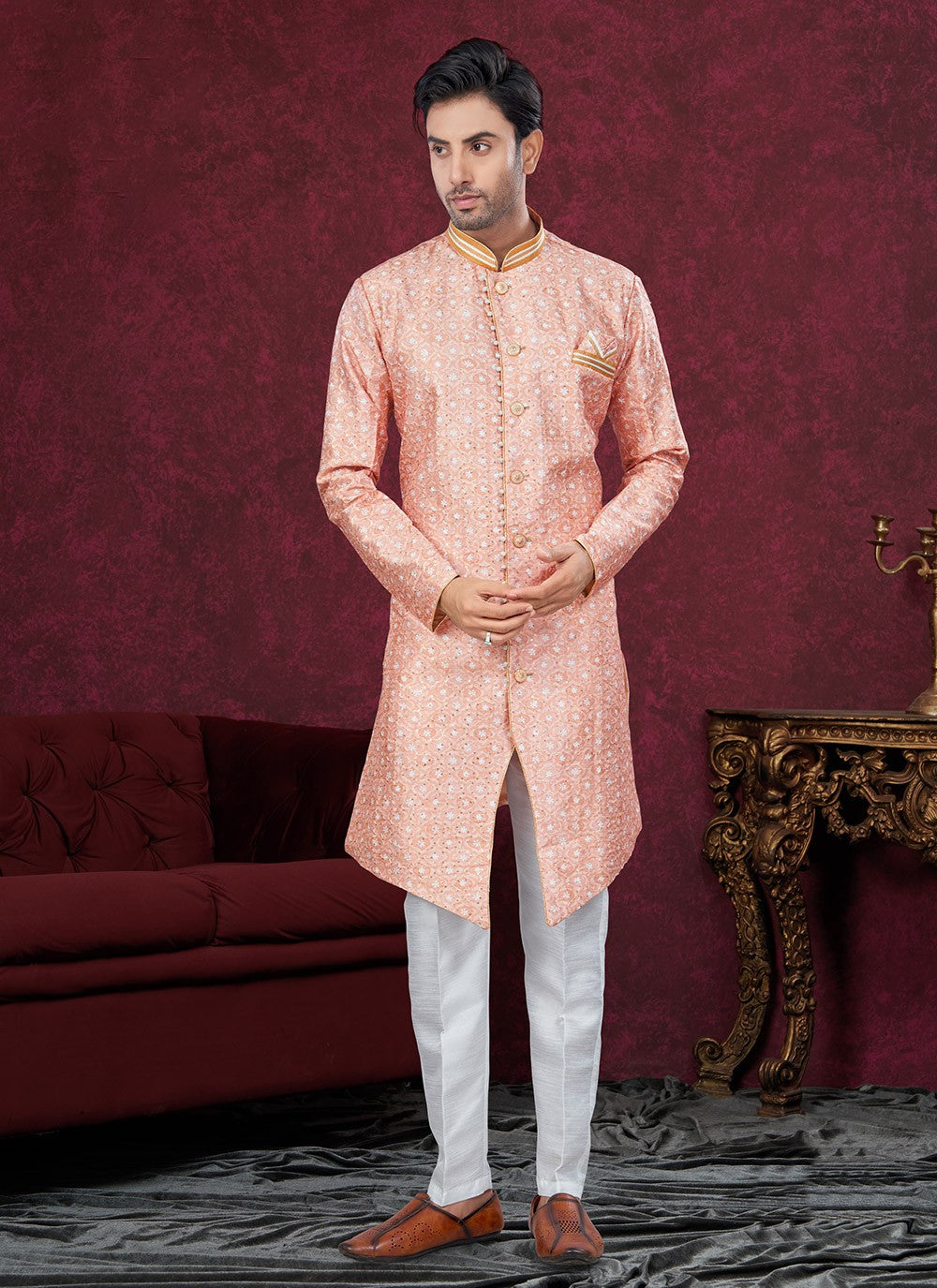 Buttons Silk Peach Indo Western Sherwani - M8607