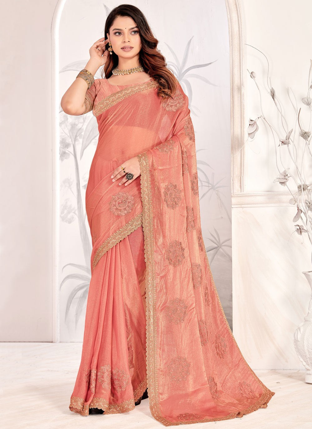 Peach Silk Designer Saree Embroidered, Resham, Swarovski, Zari S16114