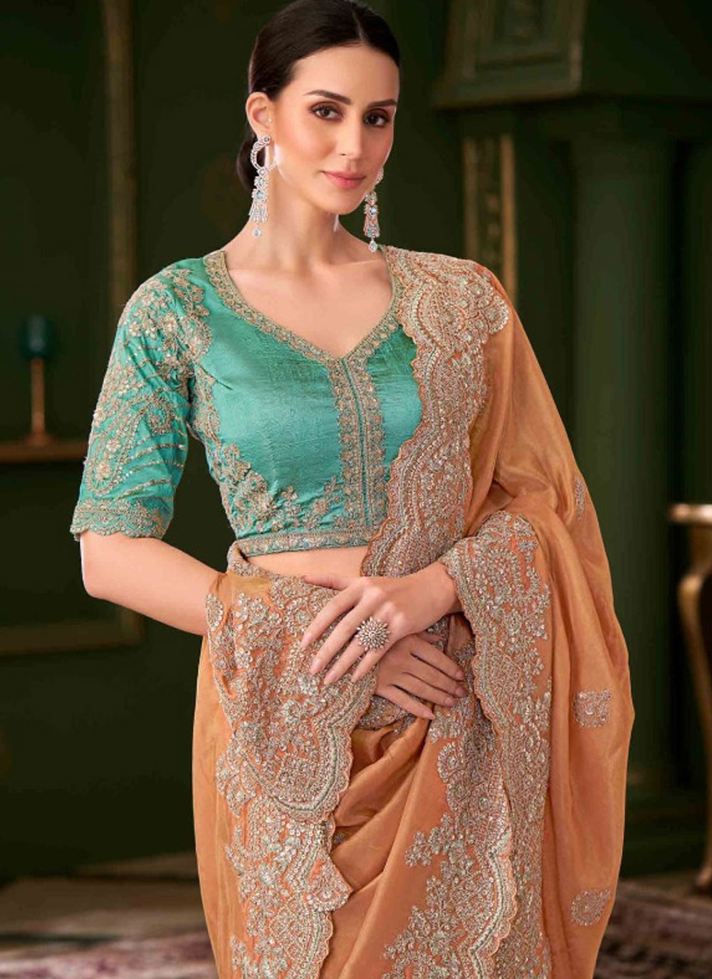 Peach Georgette Classic Saree Embroidered S20372