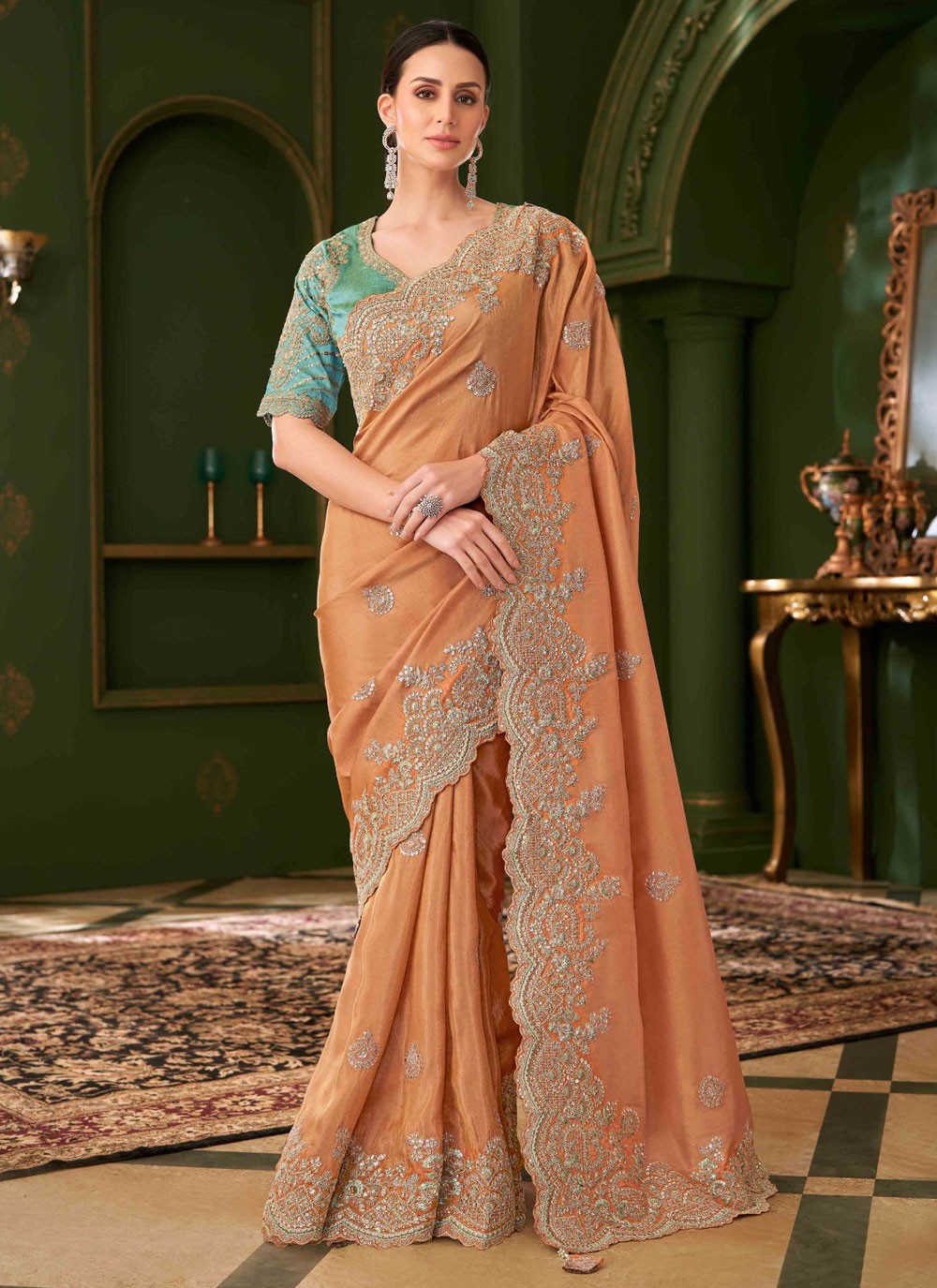 Peach Georgette Classic Saree Embroidered S20372